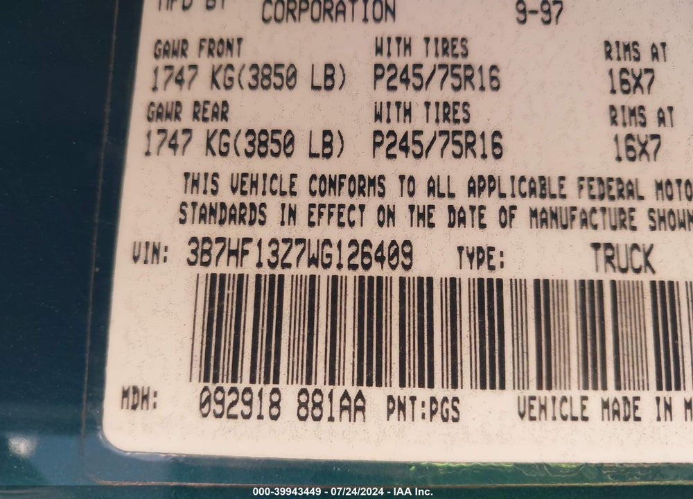 1998 DODGE RAM 1500 ST VIN: 3B7HF13Z7WG126409