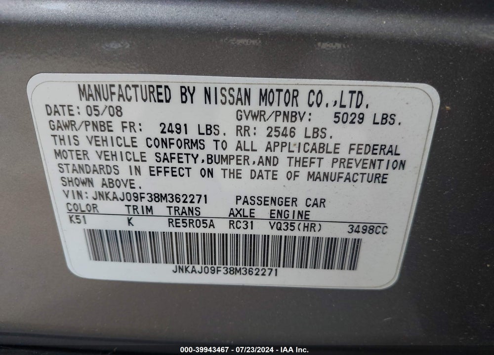 2008 INFINITI EX35 JOURNEY VIN: JNKAJ09F38M362271