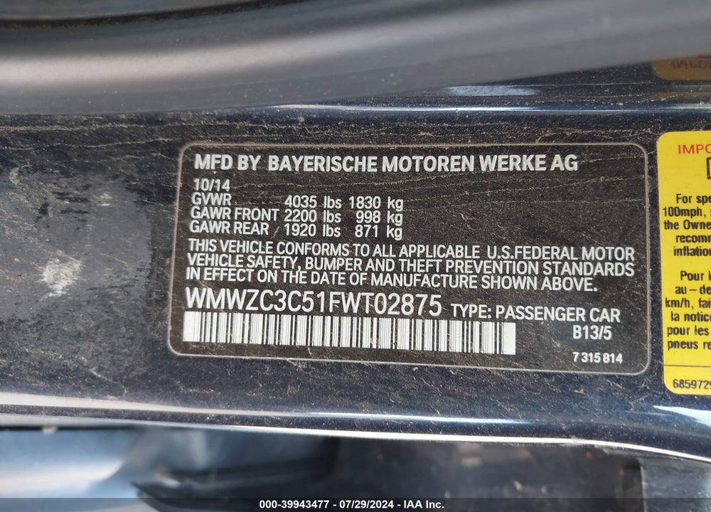 2015 MINI COUNTRYMAN COOPER S VIN: WMWZC3C51FWT02875