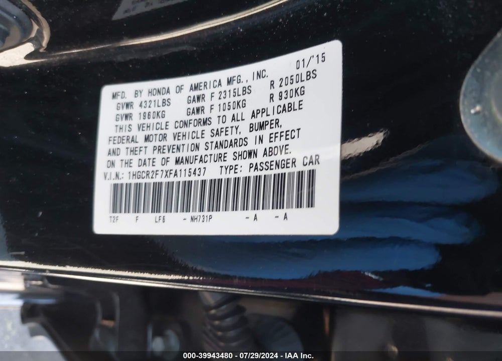 2015 HONDA ACCORD EX VIN: 1HGCR2F7XFA115437