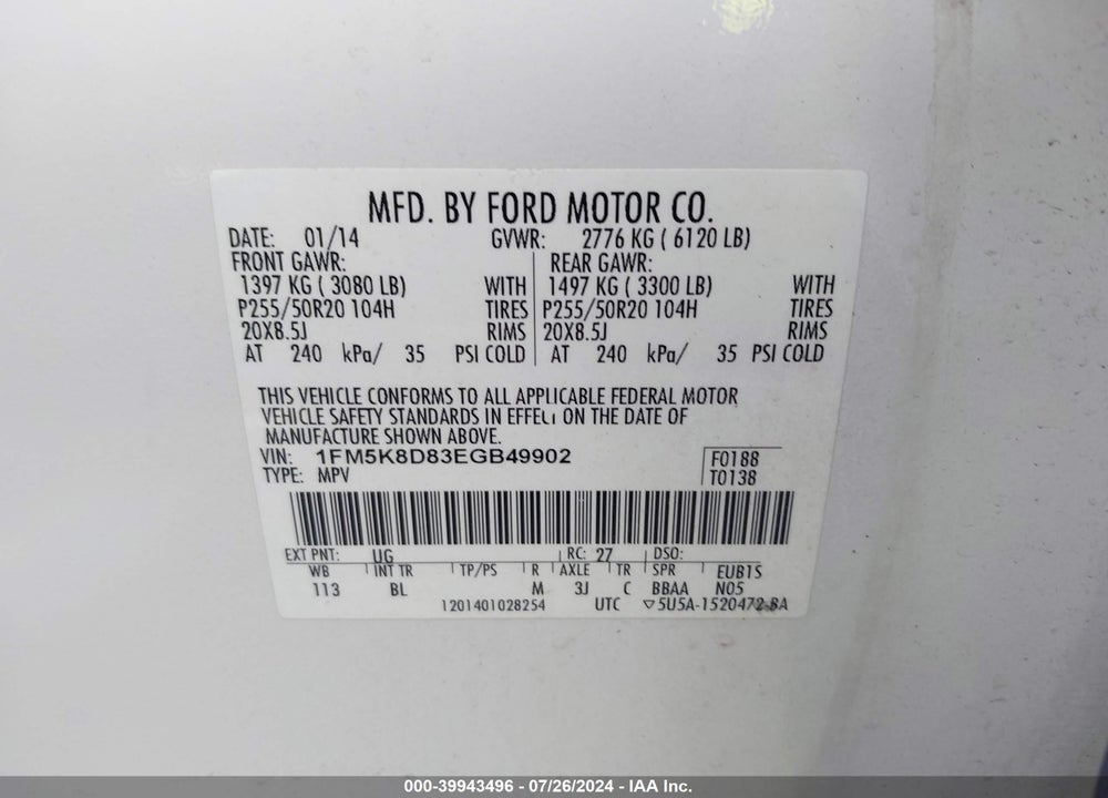 2014 FORD EXPLORER XLT VIN: 1FM5K8D83EGB49902