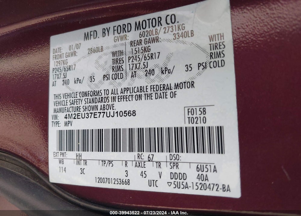 2007 MERCURY MOUNTAINEER VIN: 4M2EU37E77UJ10568