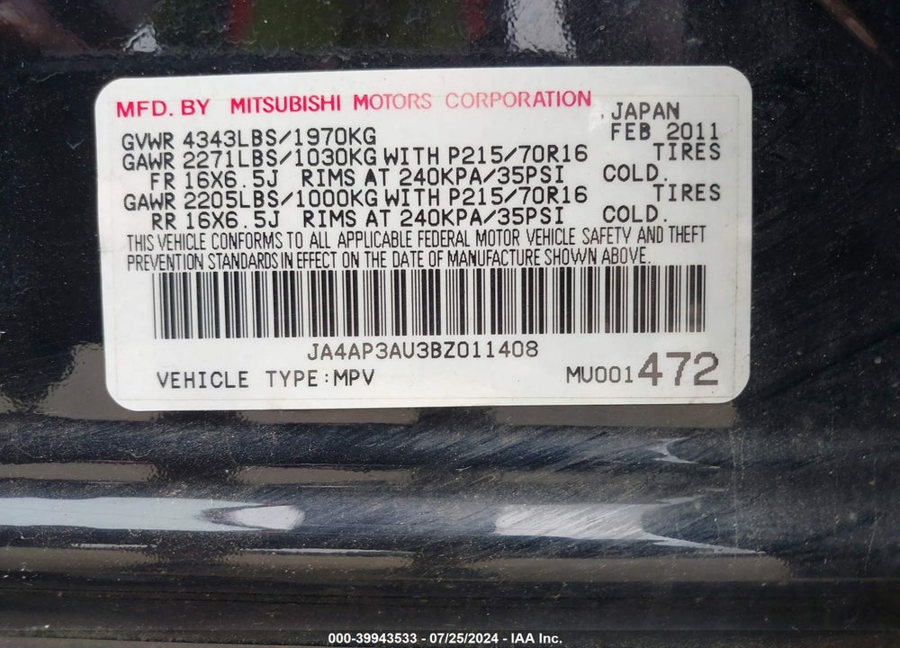 2011 MITSUBISHI OUTLANDER SPORT ES VIN: JA4AP3AU3BZ011408