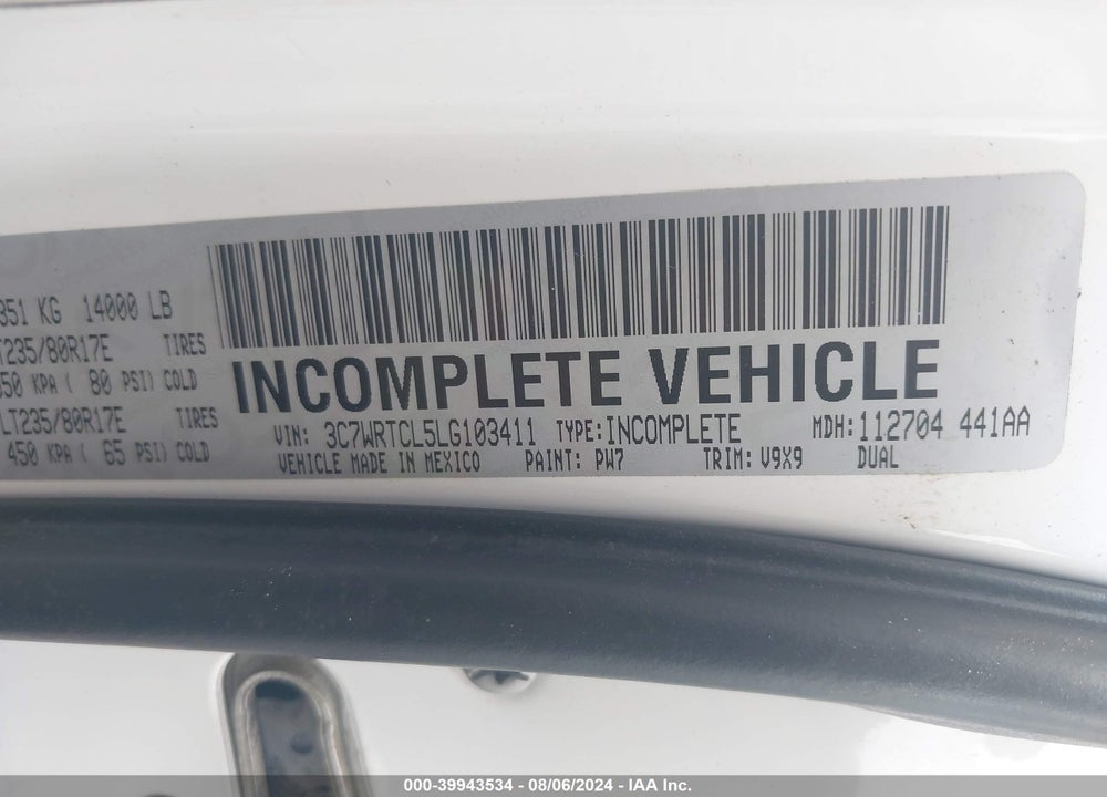 2020 RAM 3500 CHASSIS TRADESMAN/SLT/LAIE/LIMITED VIN: 3C7WRTCL5LG103411