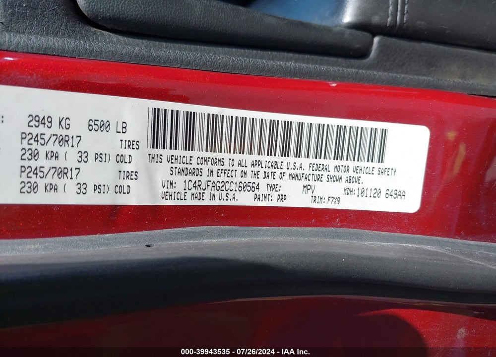 2012 JEEP GRAND CHEROKEE LAREDO VIN: 1C4RJFAG2CC160564