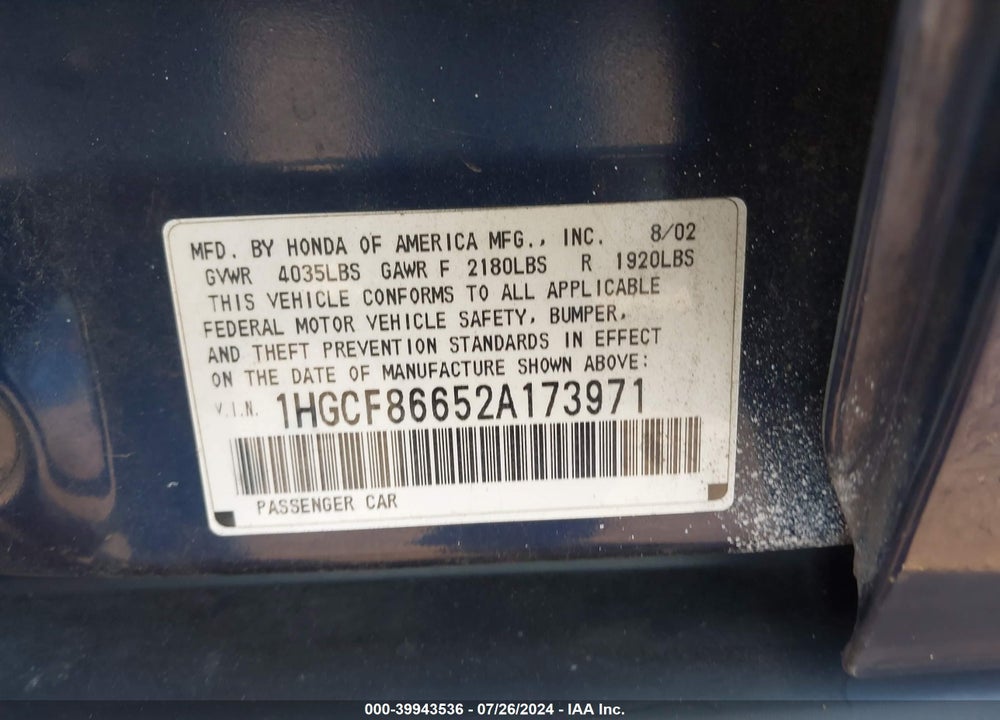 2002 HONDA ACCORD 2.3 VP VIN: 1HGCF86652A173971