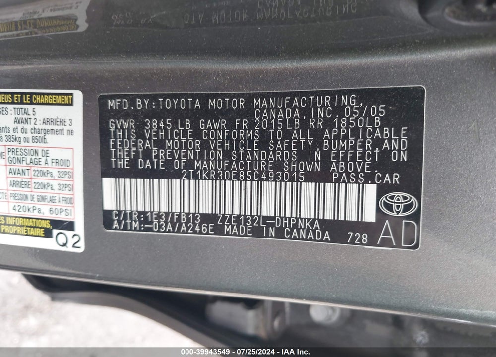 2005 TOYOTA MATRIX/XR VIN: 2T1KR30E85C493015
