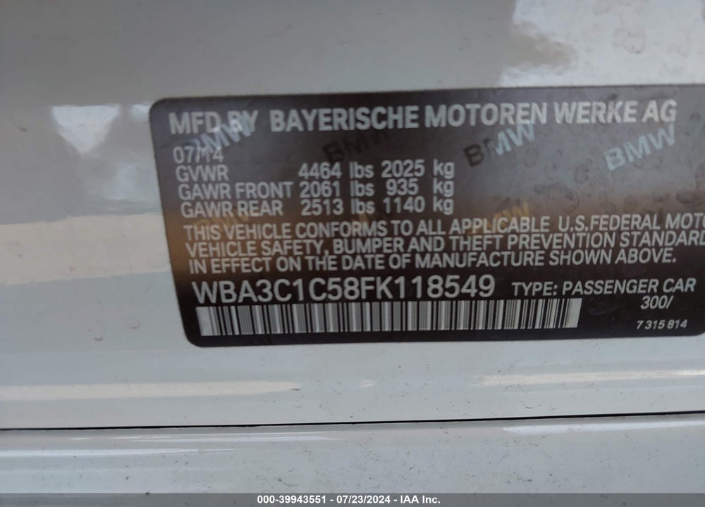 2015 BMW 328I VIN: WBA3C1C58FK118549