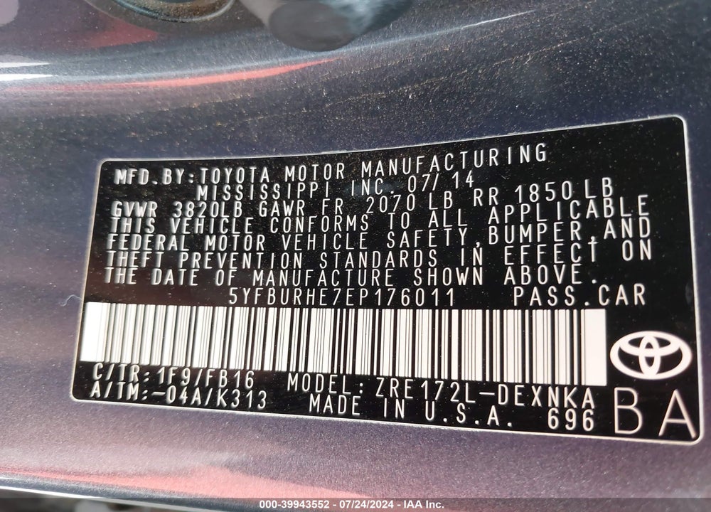 2014 TOYOTA COROLLA LE PLUS VIN: 5YFBURHE7EP176011