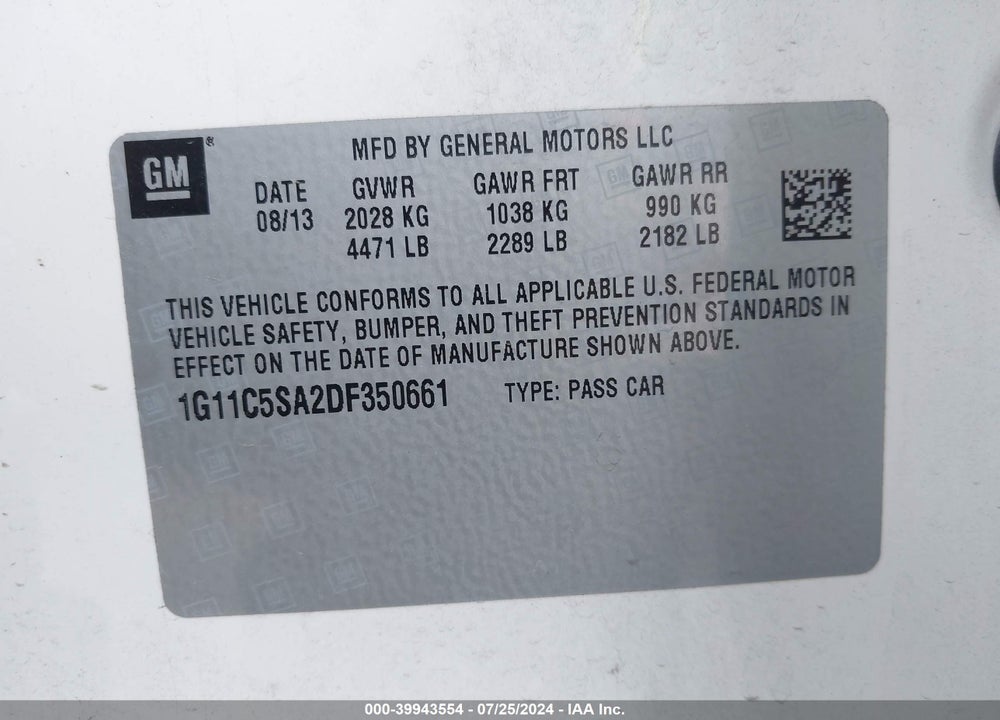 2013 CHEVROLET MALIBU 1LT VIN: 1G11C5SA2DF350661