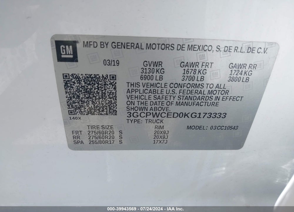 2019 CHEVROLET SILVERADO 1500 LT VIN: 3GCPWCED0KG173333