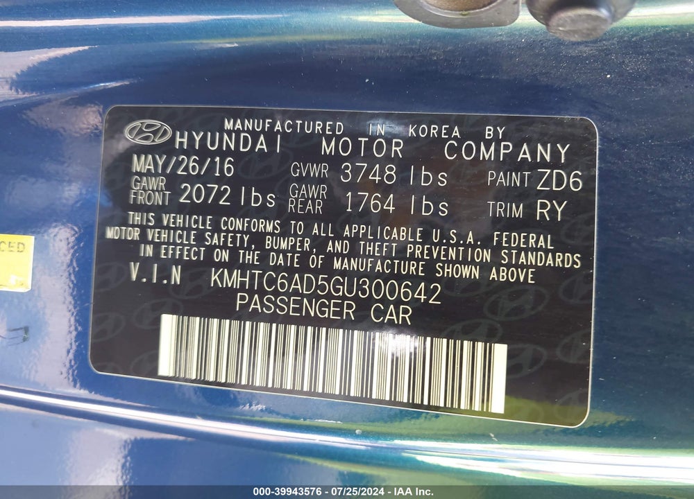 2016 HYUNDAI VELOSTER VIN: KMHTC6AD5GU300642