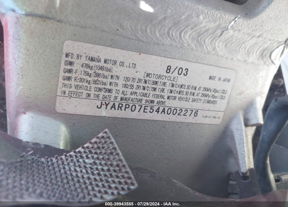 2004 YAMAHA FJR1300 VIN: JYARP07E54A002276