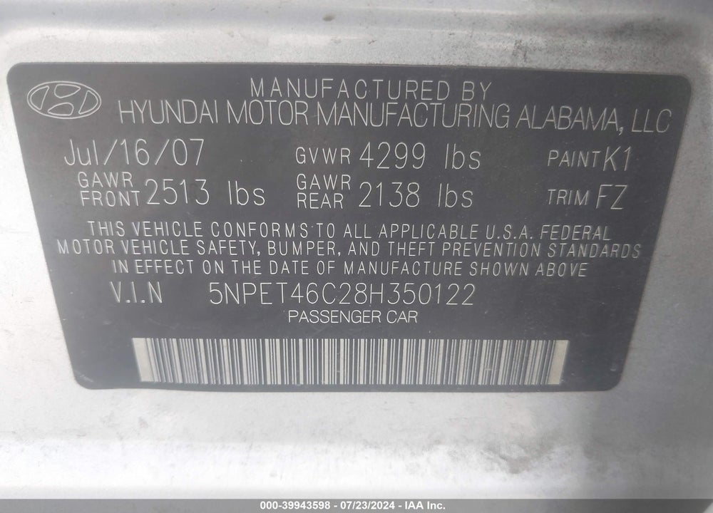 2008 HYUNDAI SONATA GLS VIN: 5NPET46C28H350122