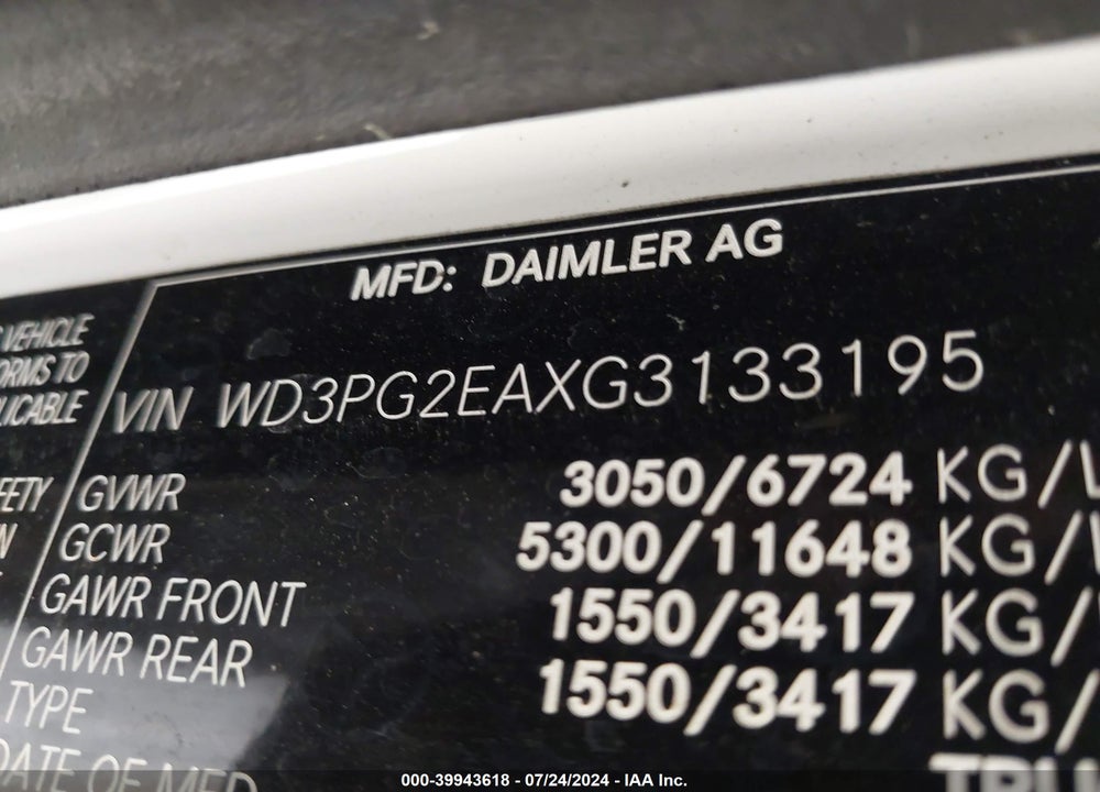 2016 MERCEDES-BENZ METRIS VIN: WD3PG2EAXG3133195