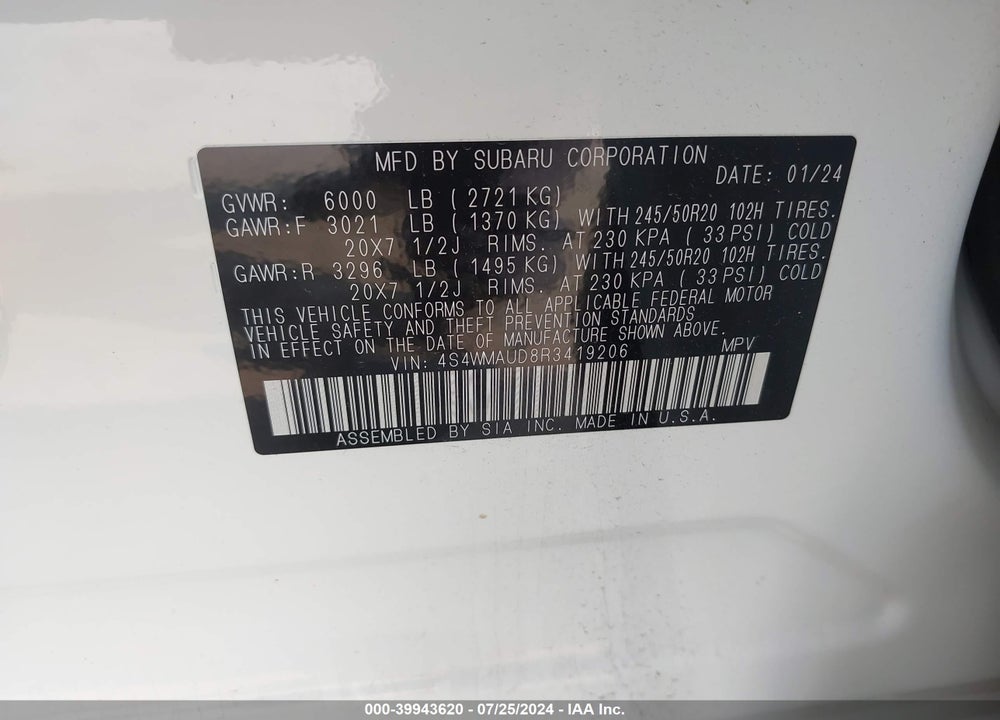 2024 SUBARU ASCENT LIMITED 7-PASSENGER VIN: 4S4WMAUD8R3419206