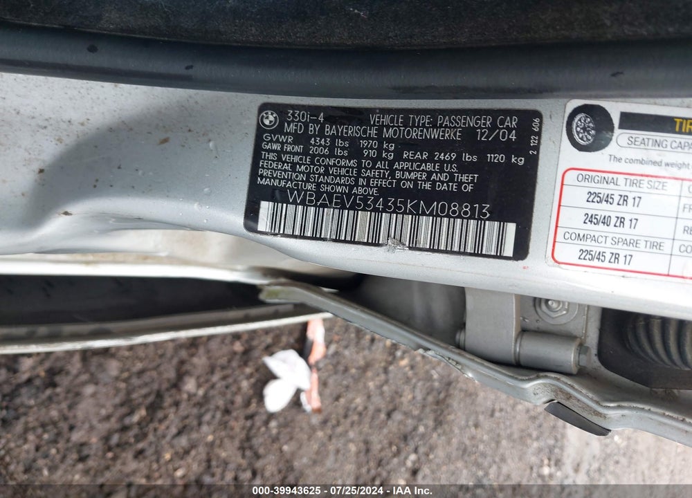 2005 BMW 330I VIN: WBAEV53435KM08813