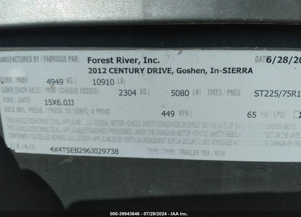 2006 FOREST RIVER SIERRA VIN: 4X4TSEB296J029738