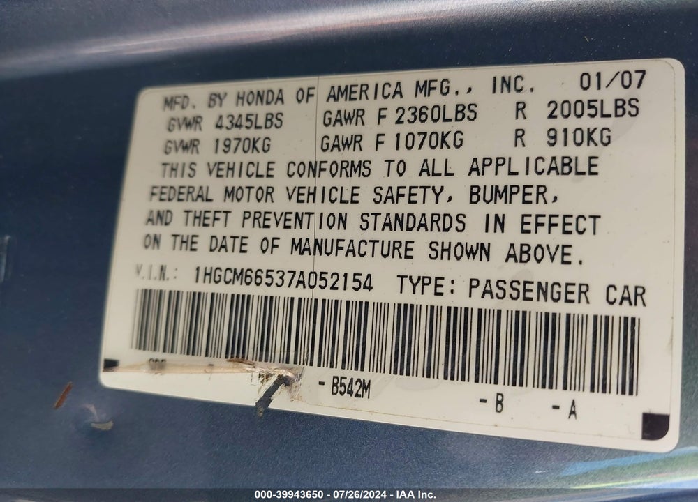 2007 HONDA ACCORD 3.0 EX VIN: 1HGCM66537A052154