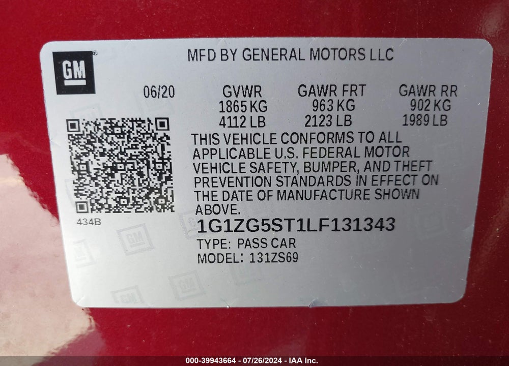2020 CHEVROLET MALIBU FWD RS VIN: 1G1ZG5ST1LF131343