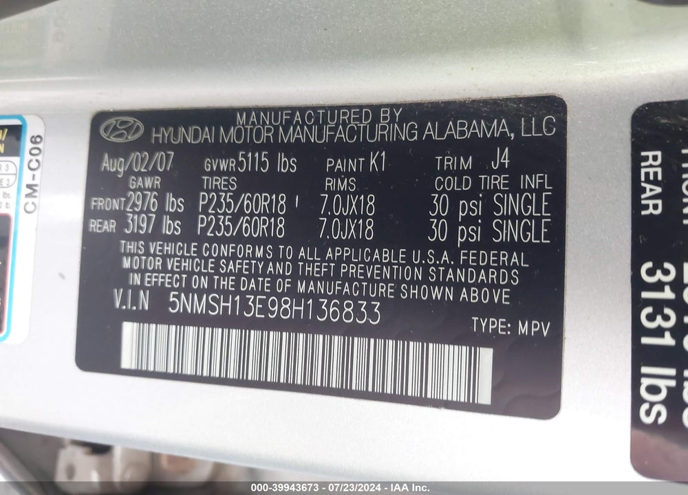 2008 HYUNDAI SANTA FE LIMITED/SE VIN: 5NMSH13E98H136833