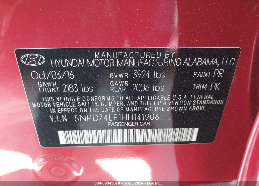 2017 HYUNDAI ELANTRA SE VIN: 5NPD74LF1HH141906
