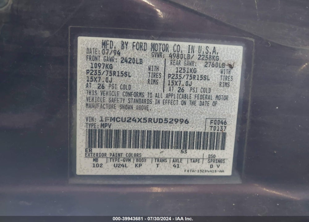 1994 FORD EXPLORER VIN: 1FMCU24X5RUD52996
