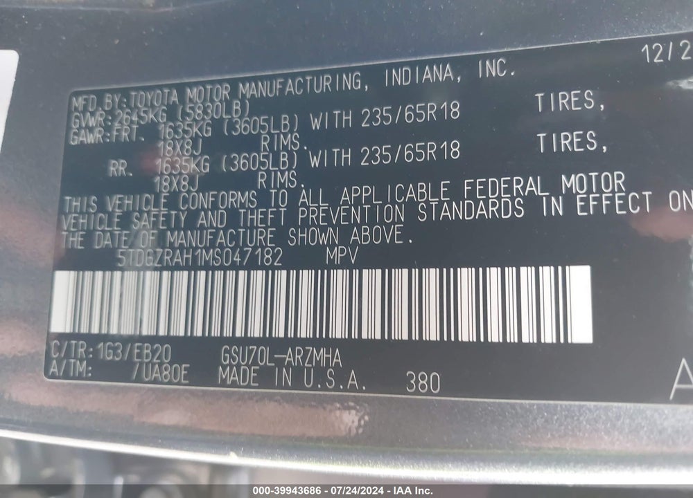 2021 TOYOTA HIGHLANDER XLE VIN: 5TDGZRAH1MS047182