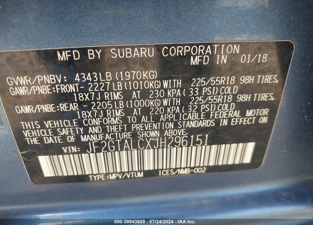 2018 SUBARU CROSSTREK VIN: JF2GTALCXJH296151