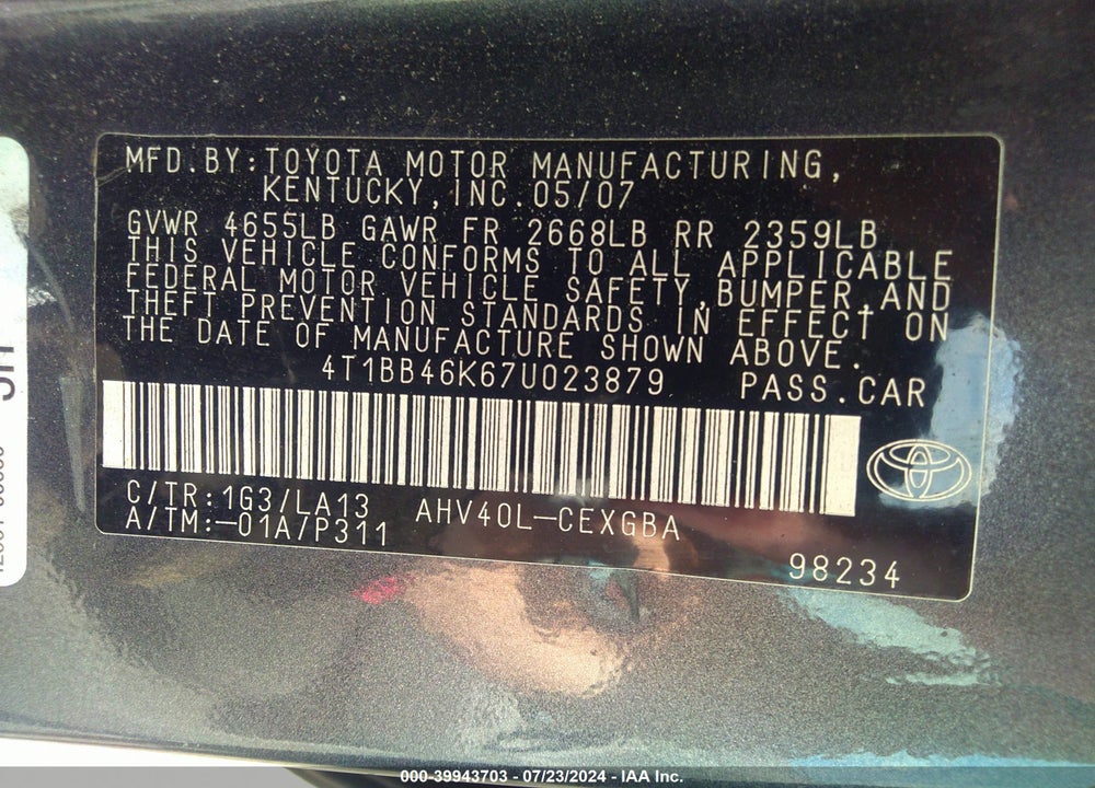2007 TOYOTA CAMRY HYBRID VIN: 4T1BB46K67U023879