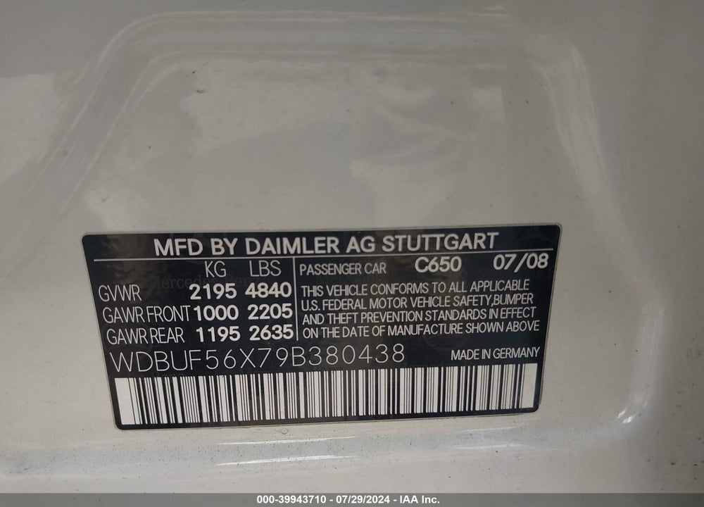 2009 MERCEDES-BENZ E 350 VIN: WDBUF56X79B380438