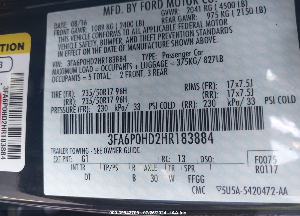 2017 FORD FUSION SE VIN: 3FA6P0HD2HR183884
