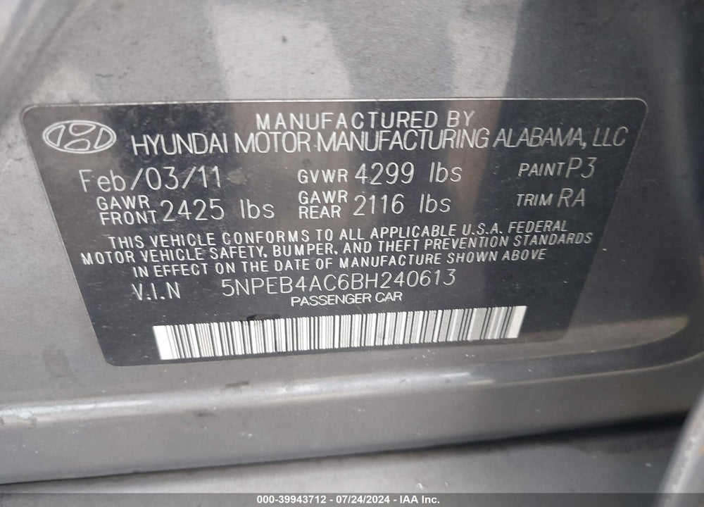 2011 HYUNDAI SONATA VIN: 5NPEB4AC6BH240613