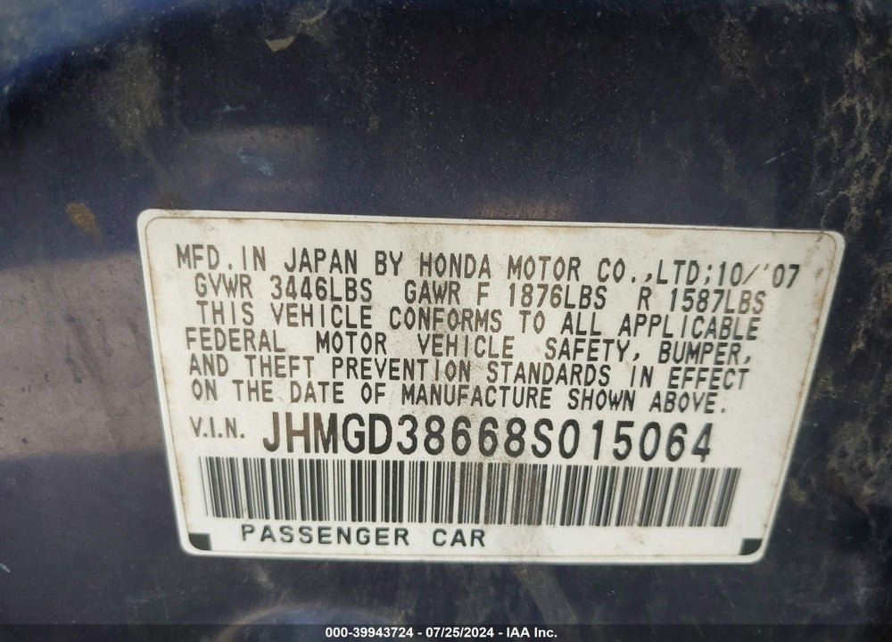 2008 HONDA FIT SPORT VIN: JHMGD38668S015064