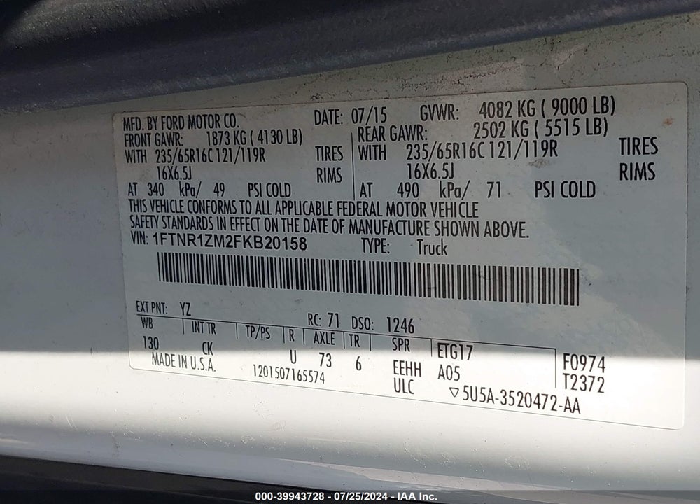 2015 FORD TRANSIT-250 VIN: 1FTNR1ZM2FKB20158