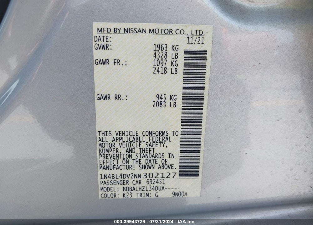 2022 NISSAN ALTIMA SV FWD VIN: 1N4BL4DV2NN302127