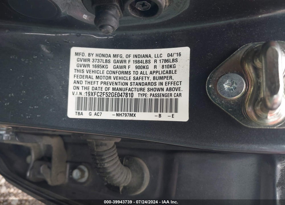 2016 HONDA CIVIC LX VIN: 19XFC2F52GE047810