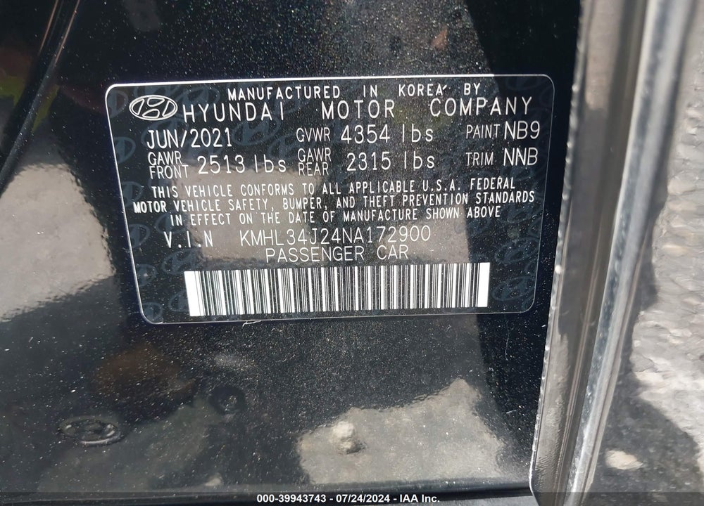 2022 HYUNDAI SONATA LIMITED VIN: KMHL34J24NA172900