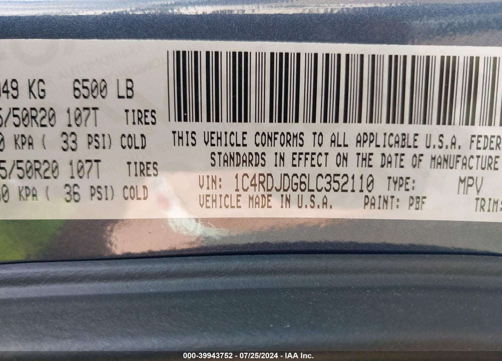 2020 DODGE DURANGO GT PLUS AWD VIN: 1C4RDJDG6LC352110