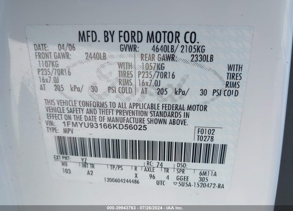 2006 FORD ESCAPE XLT/XLT SPORT VIN: 1FMYU93166KD56025