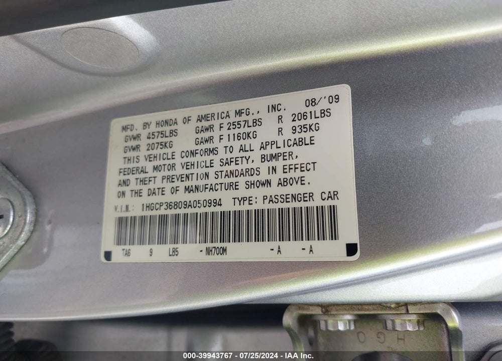 2009 HONDA ACCORD 3.5 EX-L VIN: 1HGCP36809A050994