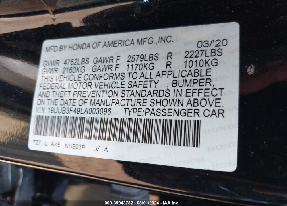 2020 ACURA TLX TECH PACKAGE VIN: 19UUB3F49LA003096