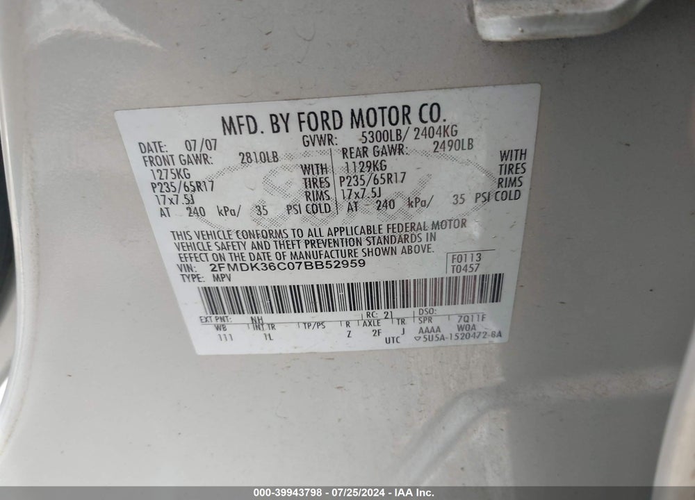 2007 FORD EDGE SE VIN: 2FMDK36C07BB52959