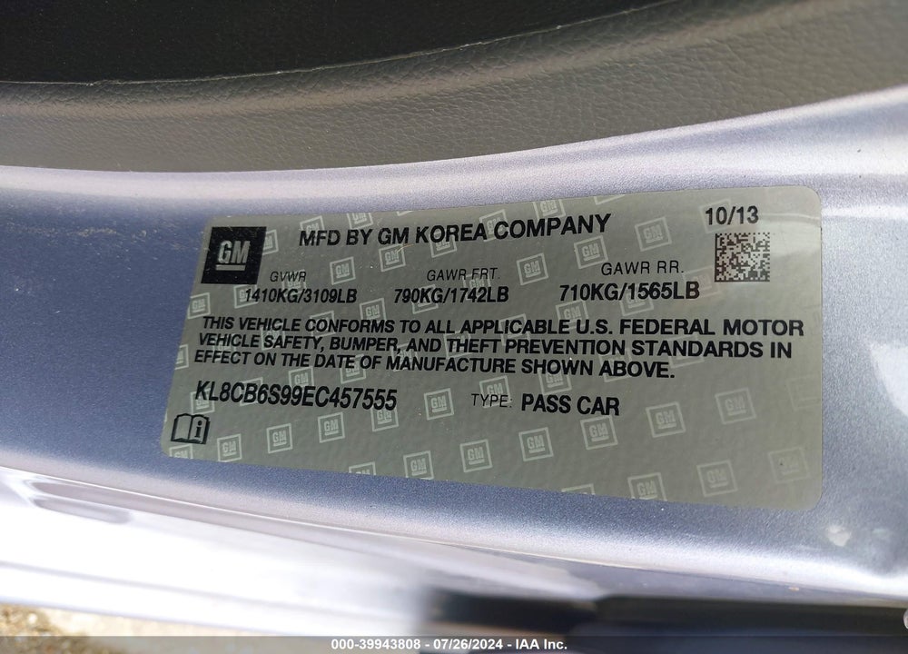 2014 CHEVROLET SPARK LS AUTO VIN: KL8CB6S99EC457555