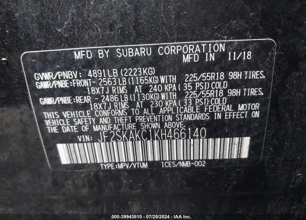 2019 SUBARU FORESTER SPORT VIN: JF2SKAKC1KH466140
