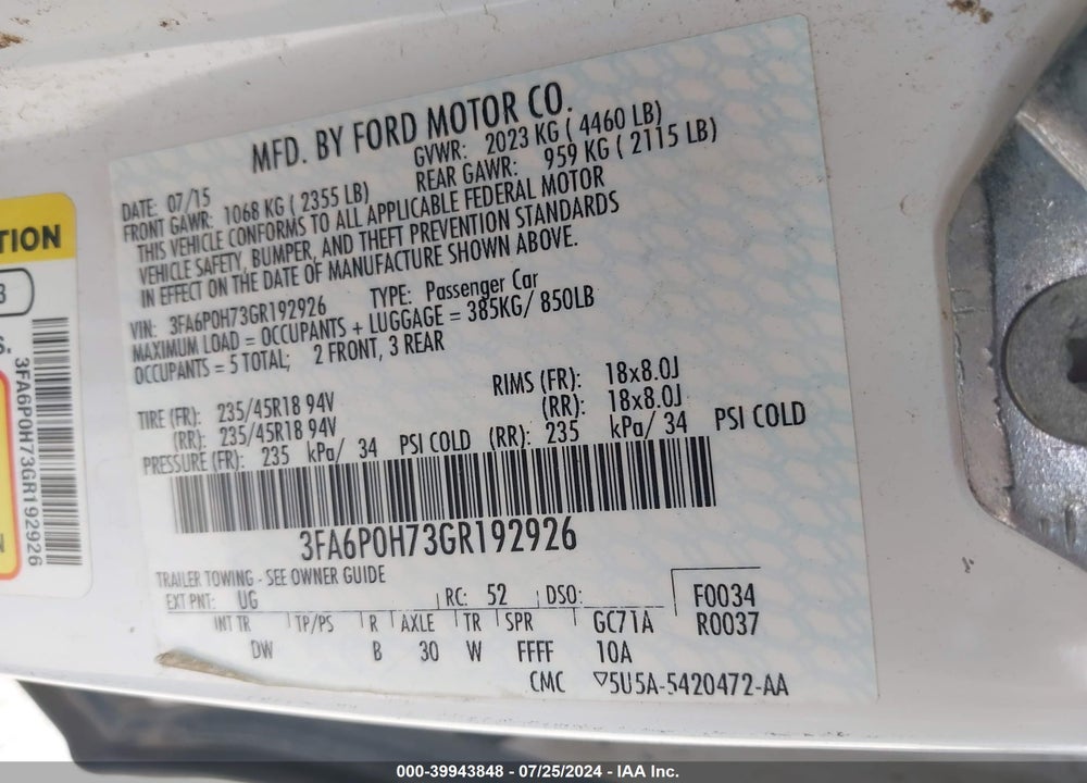 2016 FORD FUSION SE VIN: 3FA6P0H73GR192926