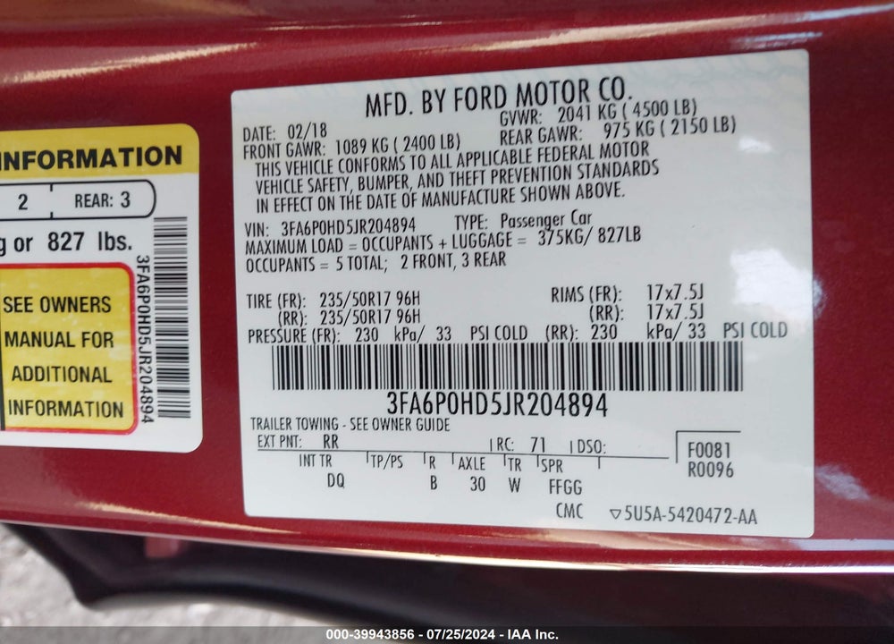 2018 FORD FUSION VIN: 3FA6P0HD5JR204894