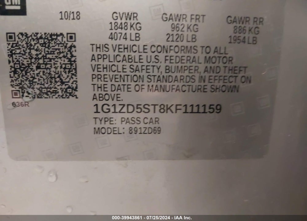 2019 CHEVROLET MALIBU LT VIN: 1G1ZD5ST8KF111159