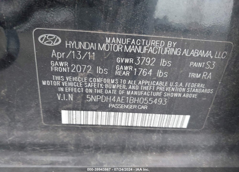 2011 HYUNDAI ELANTRA GLS VIN: 5NPDH4AE1BH055493