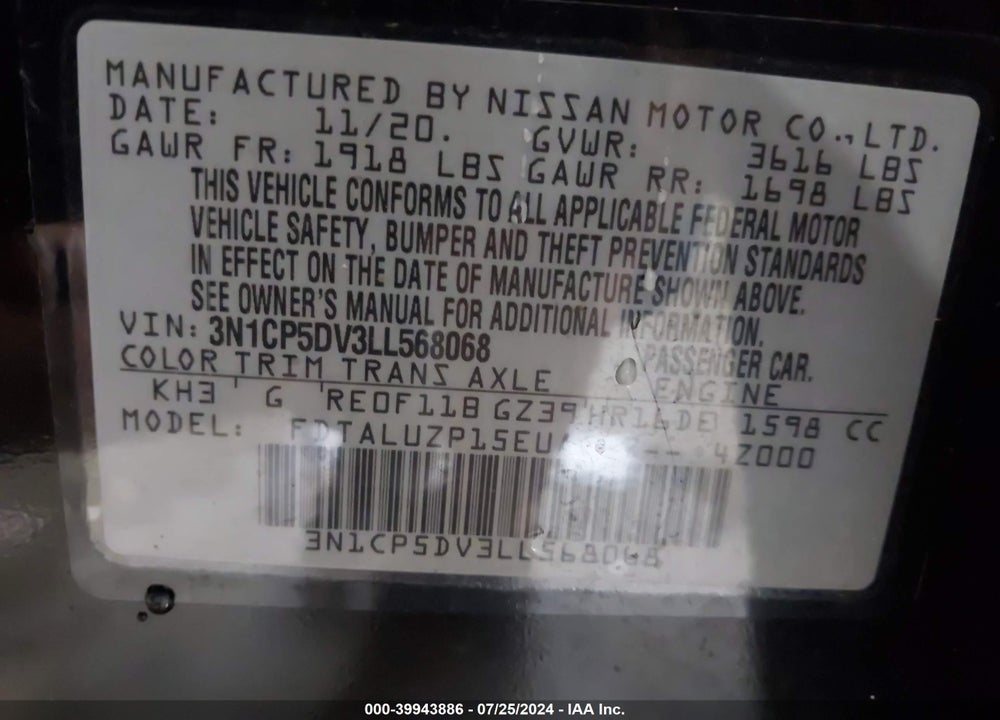 2020 NISSAN KICKS VIN: 3N1CP5DV3LL568068